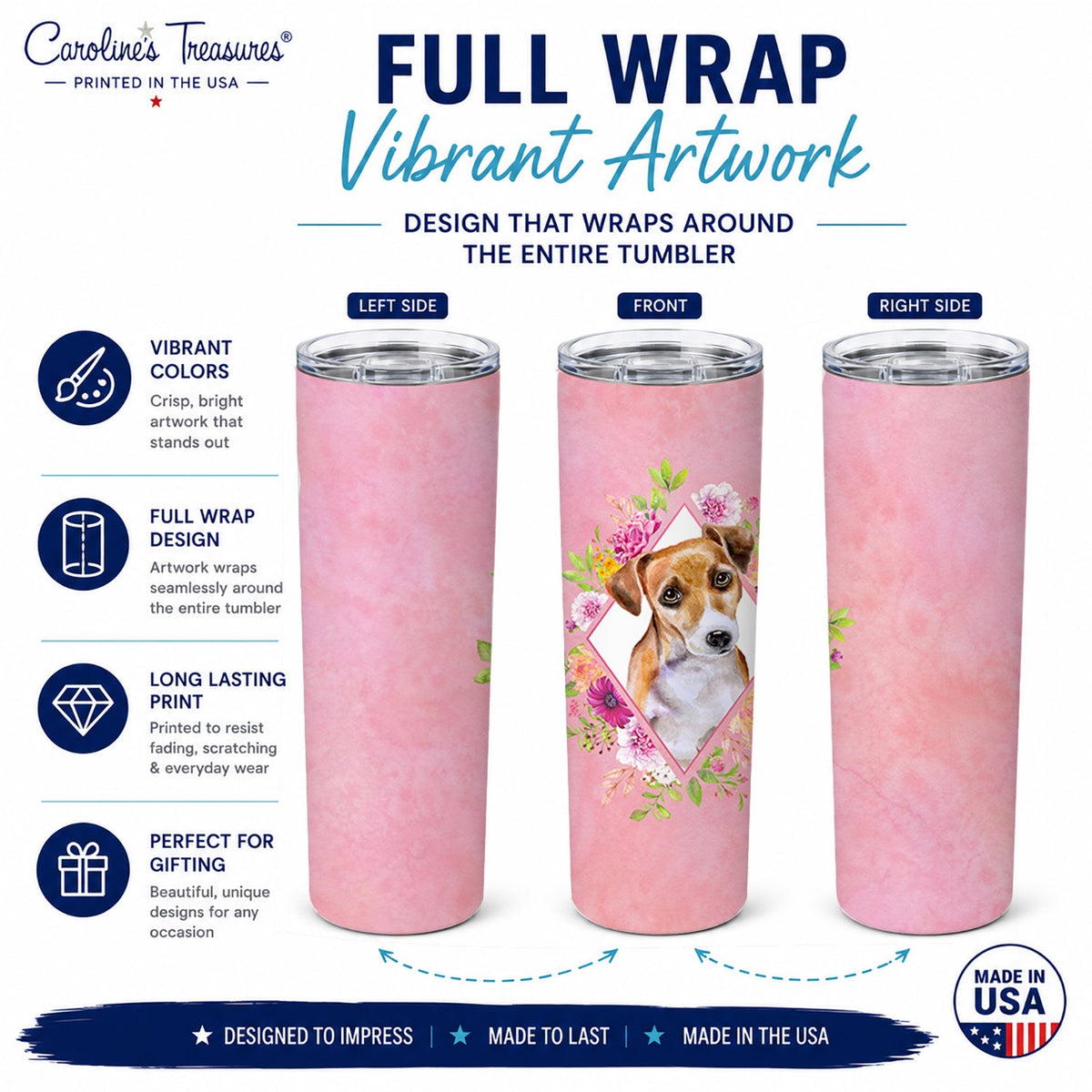 Jack Russell Terrier #1 Pink Flowers Stainless Steel Skinny Tumbler 20 oz Vacuum Double Walled Reusable Insulated Travel Cup