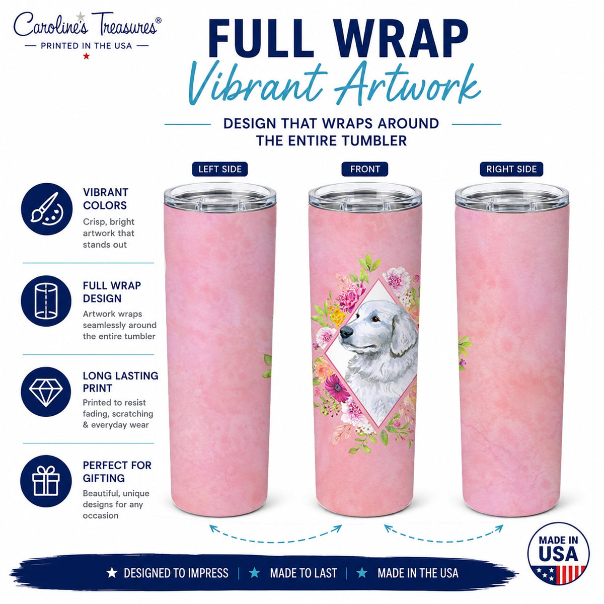 Great Pyrenees Pink Flowers Stainless Steel Skinny Tumbler 20 oz Vacuum Double Walled Reusable Insulated Travel Cup