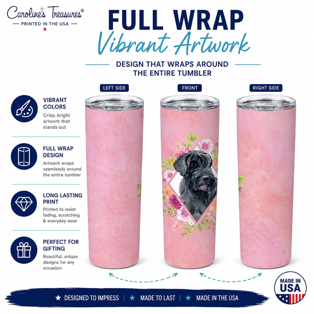 Giant Schnauzer Pink Flowers Stainless Steel Skinny Tumbler 20 oz Vacuum Double Walled Reusable Insulated Travel Cup