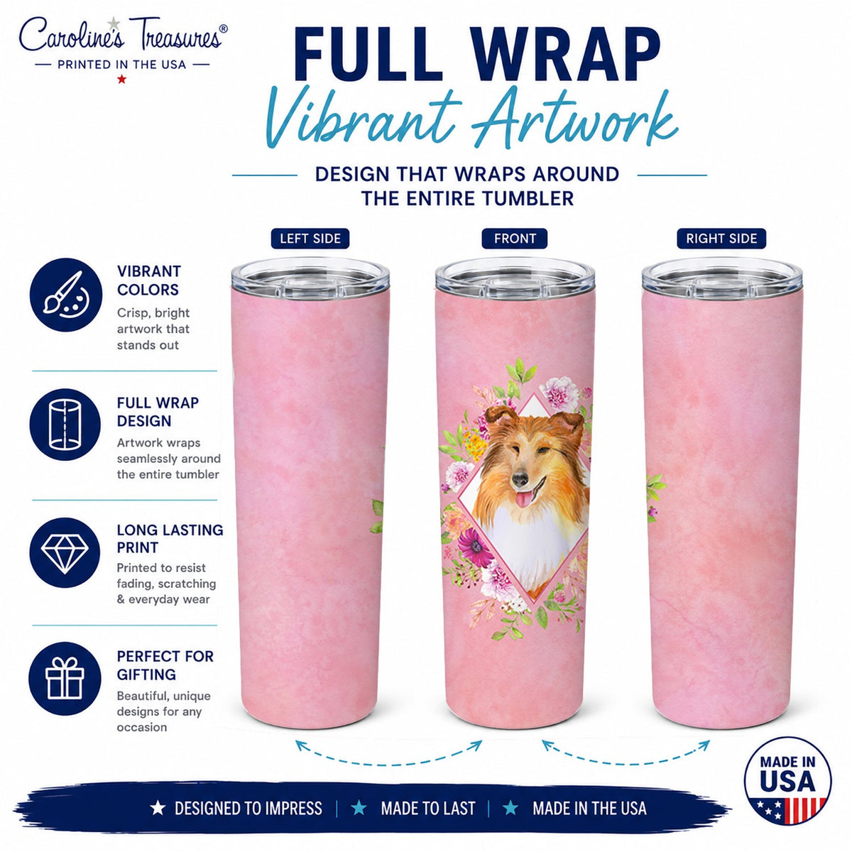 Sheltie Shetland Sheepdog Pink Flowers Stainless Steel Skinny Tumbler 20 oz Vacuum Double Walled Reusable Insulated Travel Cup