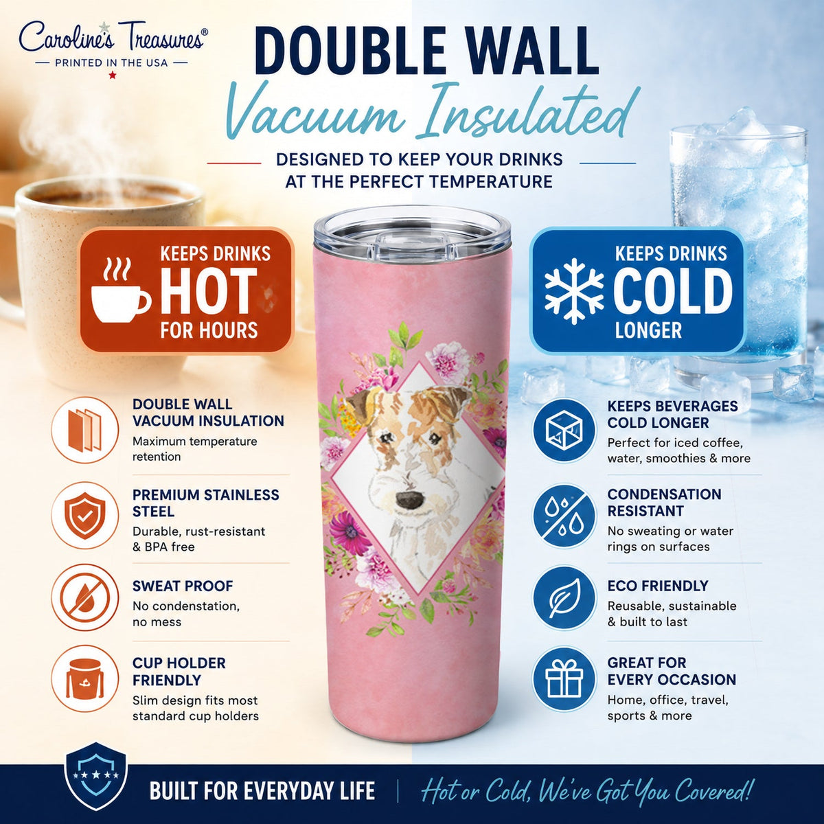 Fox Terrier Pink Flowers Stainless Steel Skinny Tumbler 20 oz Vacuum Double Walled Reusable Insulated Travel Cup