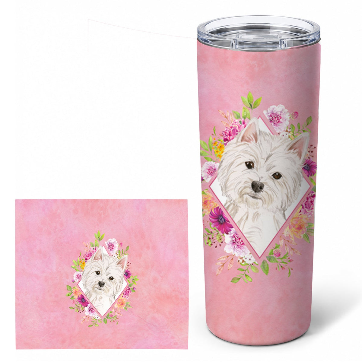 Westie  Pink Flowers Stainless Steel Skinny Tumbler 20 oz Vacuum Double Walled Reusable Insulated Travel Cup