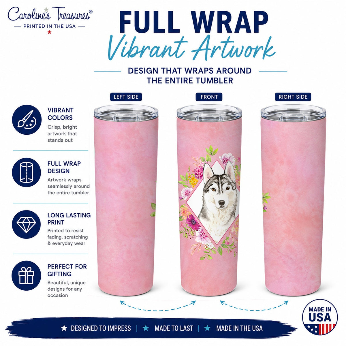 Siberian Husky Pink Flowers Stainless Steel Skinny Tumbler 20 oz Vacuum Double Walled Reusable Insulated Travel Cup