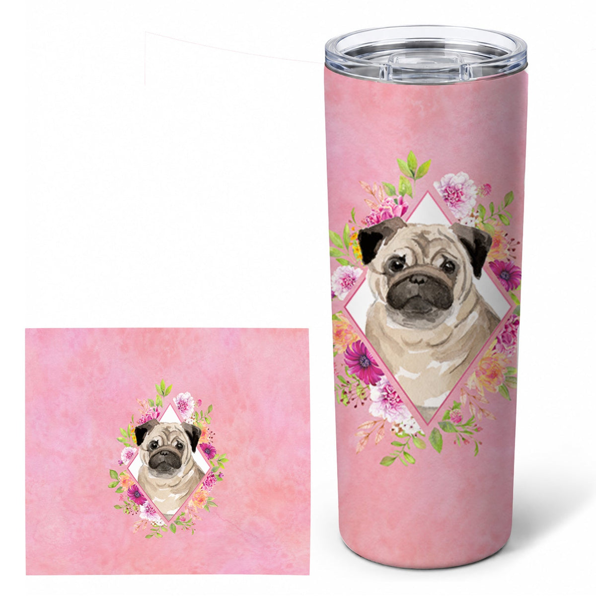 Fawn Pug Pink Flowers Stainless Steel Skinny Tumbler 20 oz Vacuum Double Walled Reusable Insulated Travel Cup