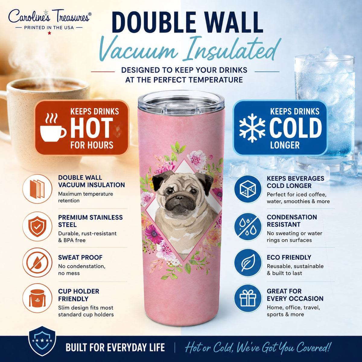 Fawn Pug Pink Flowers Stainless Steel Skinny Tumbler 20 oz Vacuum Double Walled Reusable Insulated Travel Cup