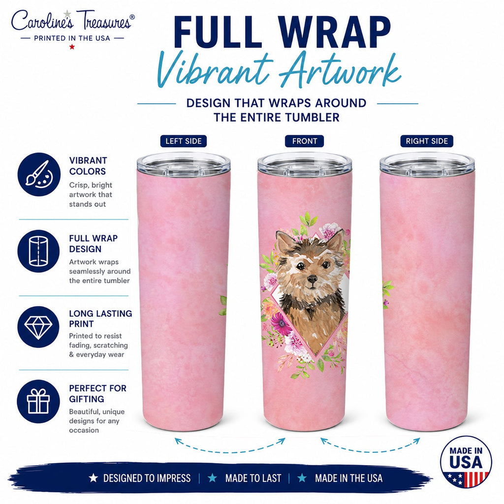Norwich Terrier Pink Flowers Stainless Steel Skinny Tumbler 20 oz Vacuum Double Walled Reusable Insulated Travel Cup