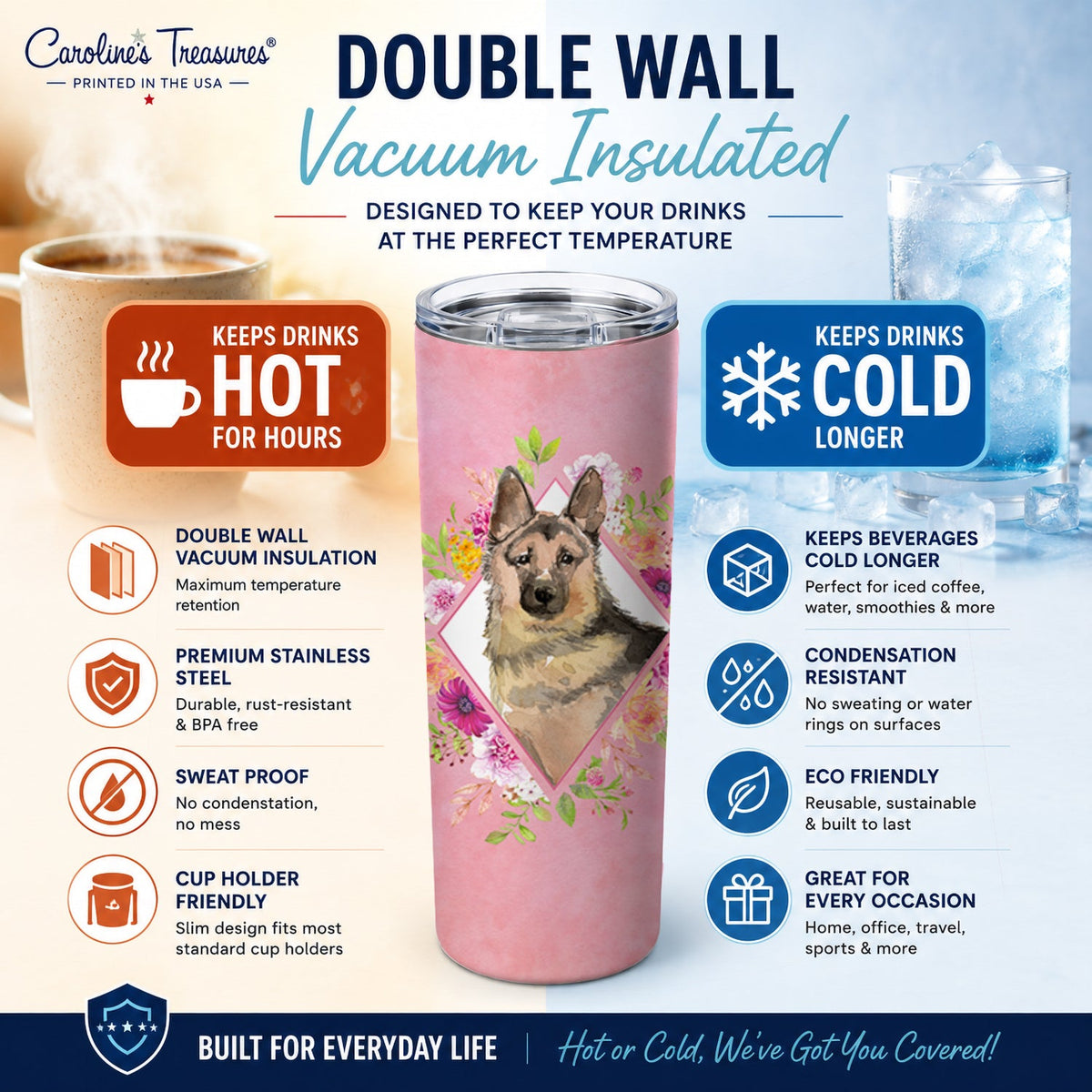 German Shepherd Pink Flowers Stainless Steel Skinny Tumbler 20 oz Vacuum Double Walled Reusable Insulated Travel Cup