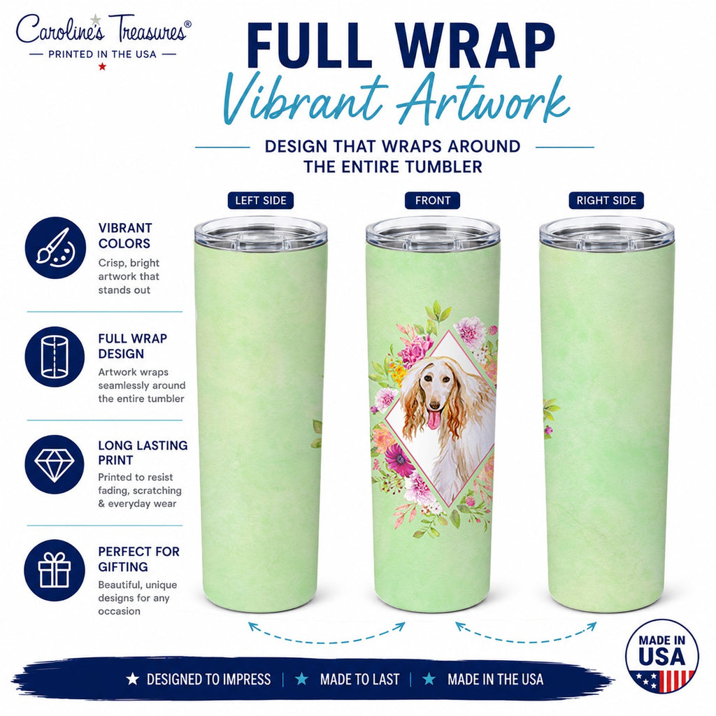 Afghan Hound Green Flowers Stainless Steel Skinny Tumbler 20 oz Vacuum Double Walled Reusable Insulated Travel Cup