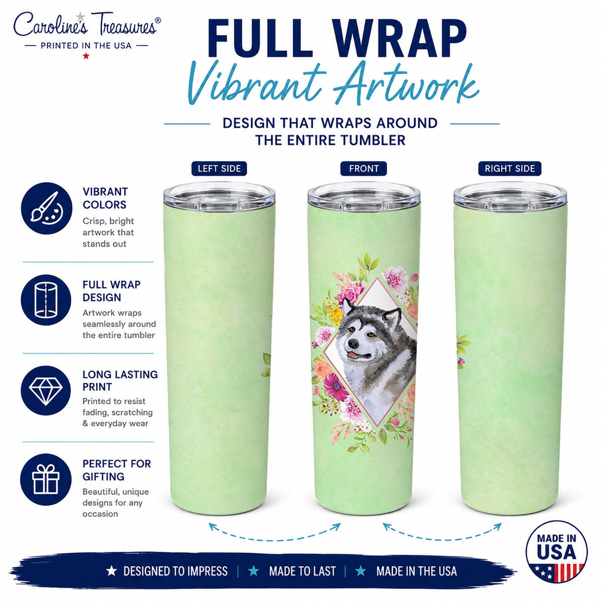 Alaskan Malamute Green Flowers Stainless Steel Skinny Tumbler 20 oz Vacuum Double Walled Reusable Insulated Travel Cup