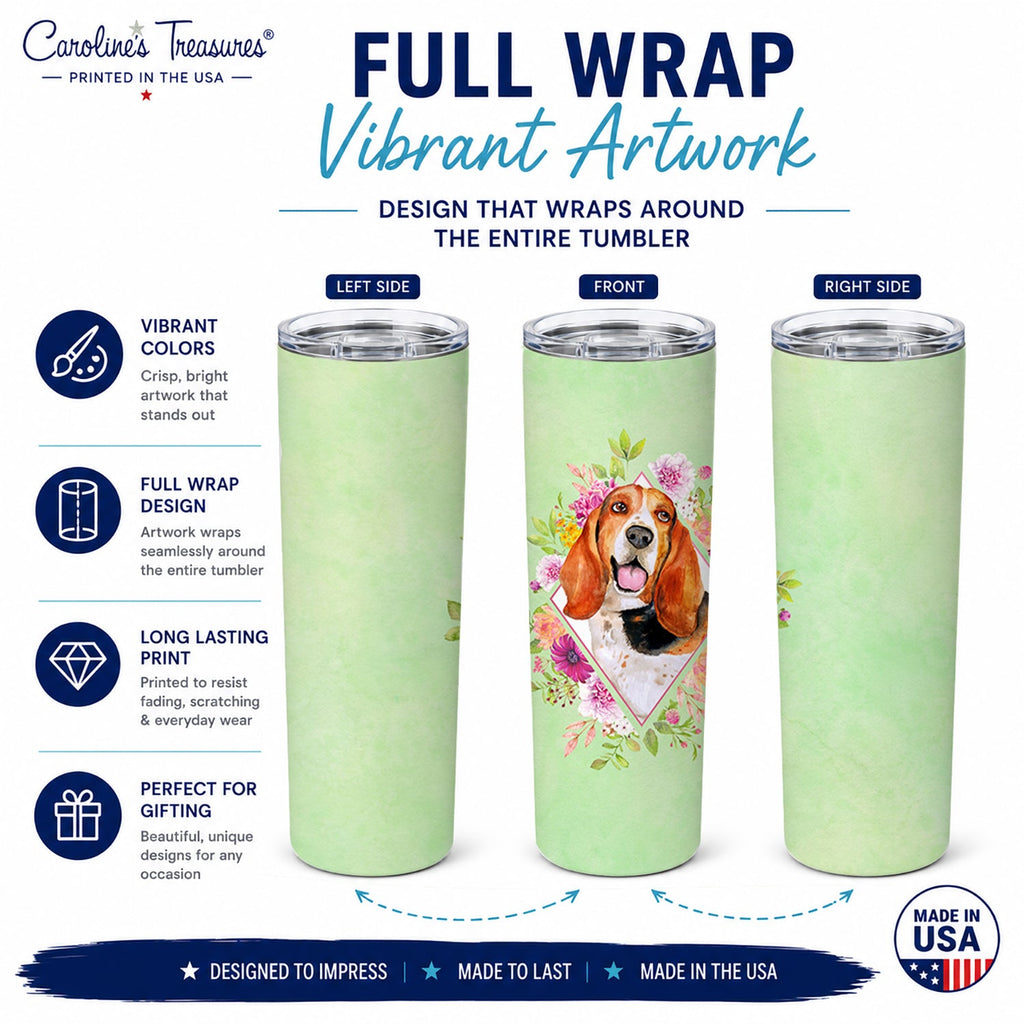 Basset Hound Green Flowers Stainless Steel Skinny Tumbler 20 oz Vacuum Double Walled Reusable Insulated Travel Cup
