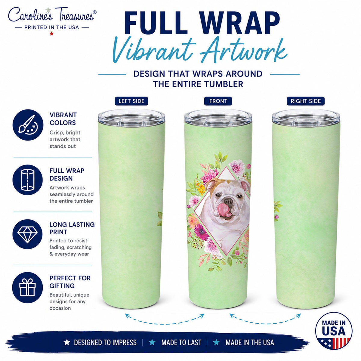 English Bulldog Green Flowers Stainless Steel Skinny Tumbler 20 oz Vacuum Double Walled Reusable Insulated Travel Cup