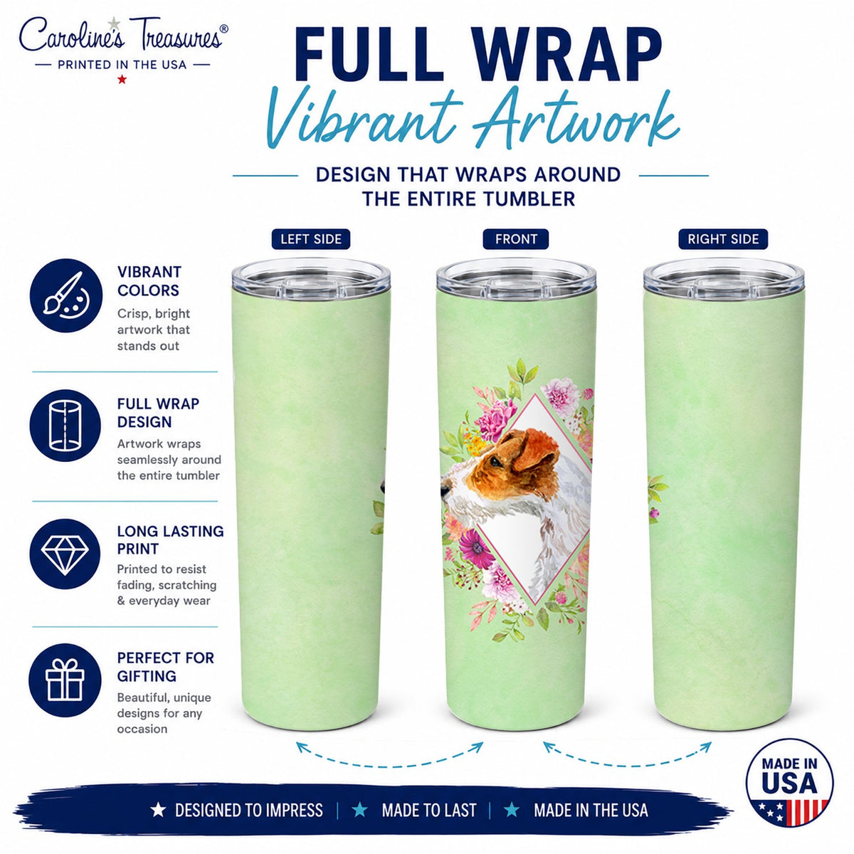 Jack Russell Terrier #2 Green Flowers Stainless Steel Skinny Tumbler 20 oz Vacuum Double Walled Reusable Insulated Travel Cup
