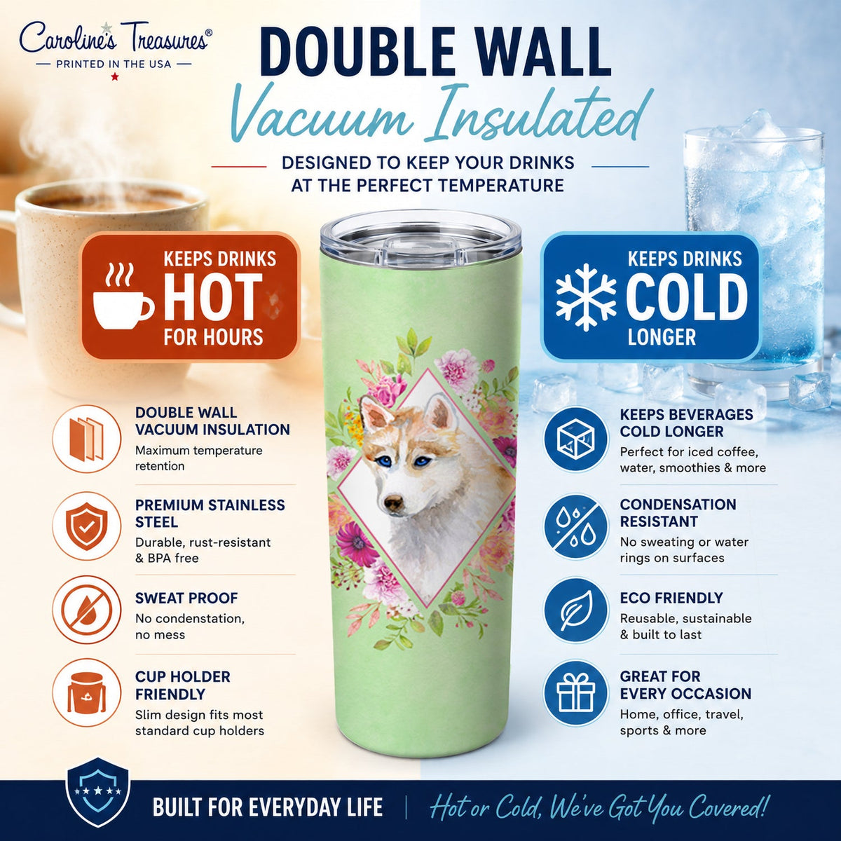 Red Siberian Husky Green Flowers Stainless Steel Skinny Tumbler 20 oz Vacuum Double Walled Reusable Insulated Travel Cup