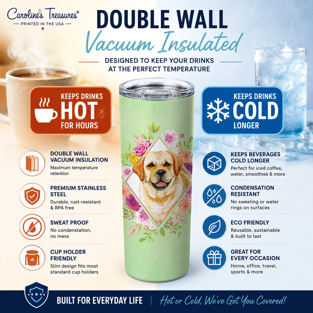 Golden Retriever Green Flowers Stainless Steel Skinny Tumbler 20 oz Vacuum Double Walled Reusable Insulated Travel Cup