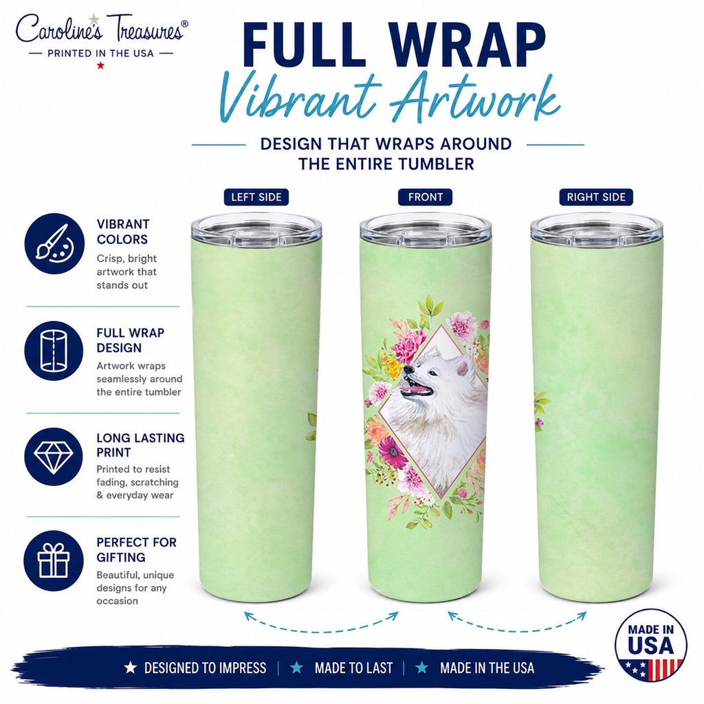 Samoyed Green Flowers Stainless Steel Skinny Tumbler 20 oz Vacuum Double Walled Reusable Insulated Travel Cup