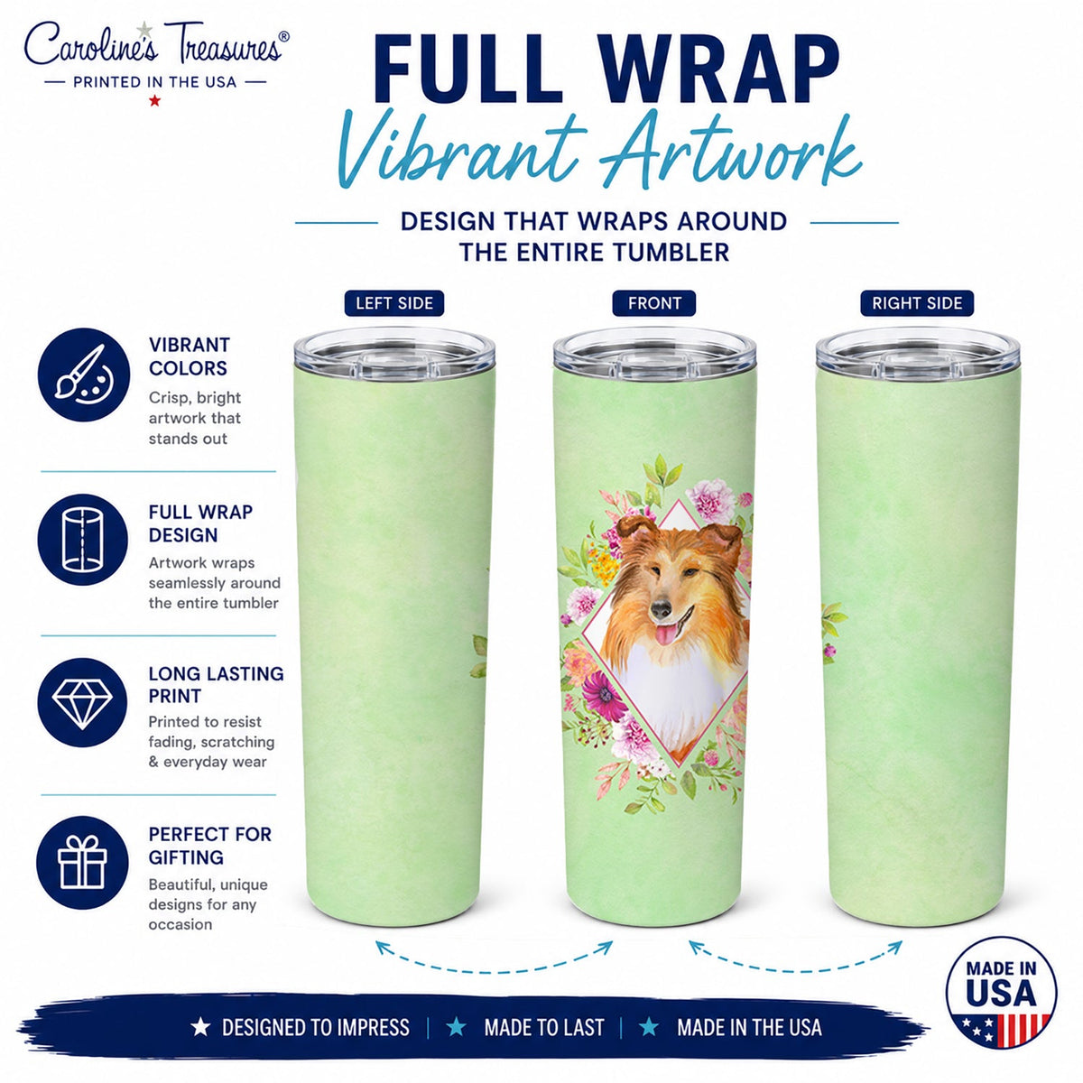 Sheltie Shetland Sheepdog Green Flowers Stainless Steel Skinny Tumbler 20 oz Vacuum Double Walled Reusable Insulated Travel Cup