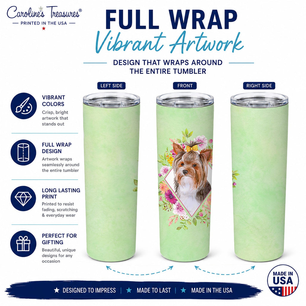 Yorkshire Terrier #1 Green Flowers Stainless Steel Skinny Tumbler 20 oz Vacuum Double Walled Reusable Insulated Travel Cup