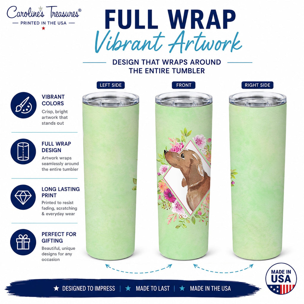 Dachshund Green Flowers Stainless Steel Skinny Tumbler 20 oz Vacuum Double Walled Reusable Insulated Travel Cup