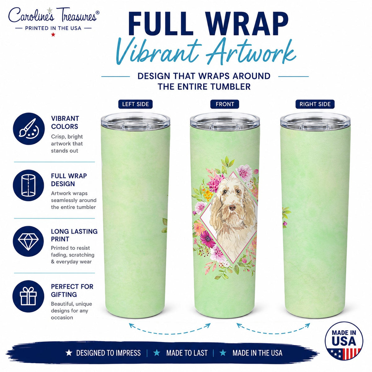 Spinone Italiano Green Flowers Stainless Steel Skinny Tumbler 20 oz Vacuum Double Walled Reusable Insulated Travel Cup