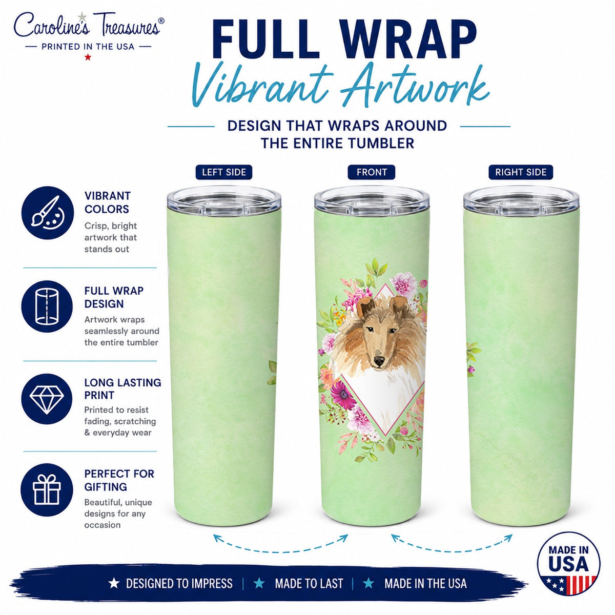 Collie Green Flowers Stainless Steel Skinny Tumbler 20 oz Vacuum Double Walled Reusable Insulated Travel Cup
