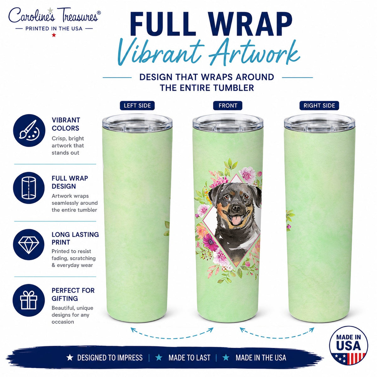 Rottweiler Green Flowers Stainless Steel Skinny Tumbler 20 oz Vacuum Double Walled Reusable Insulated Travel Cup