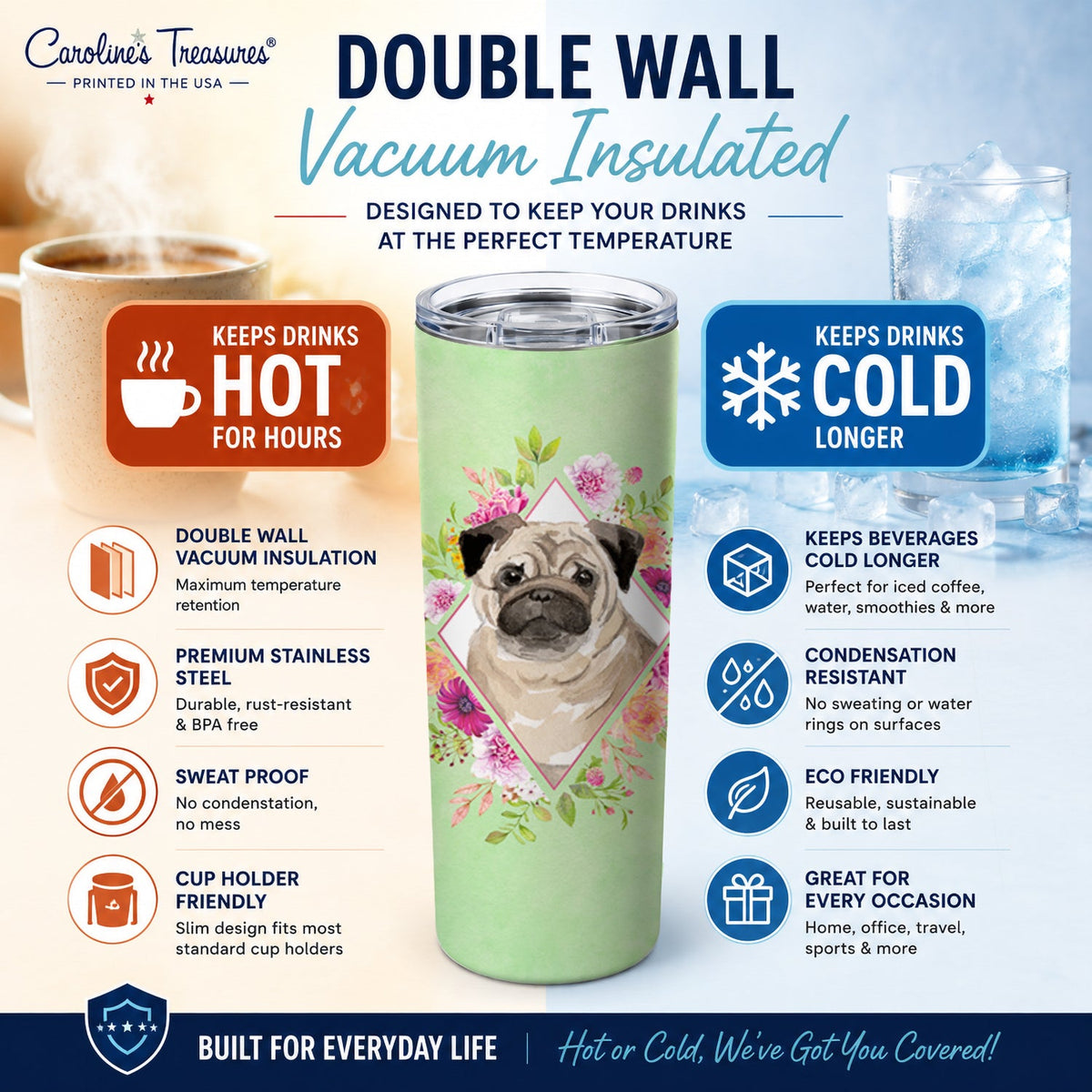 Fawn Pug Green Flowers Stainless Steel Skinny Tumbler 20 oz Vacuum Double Walled Reusable Insulated Travel Cup
