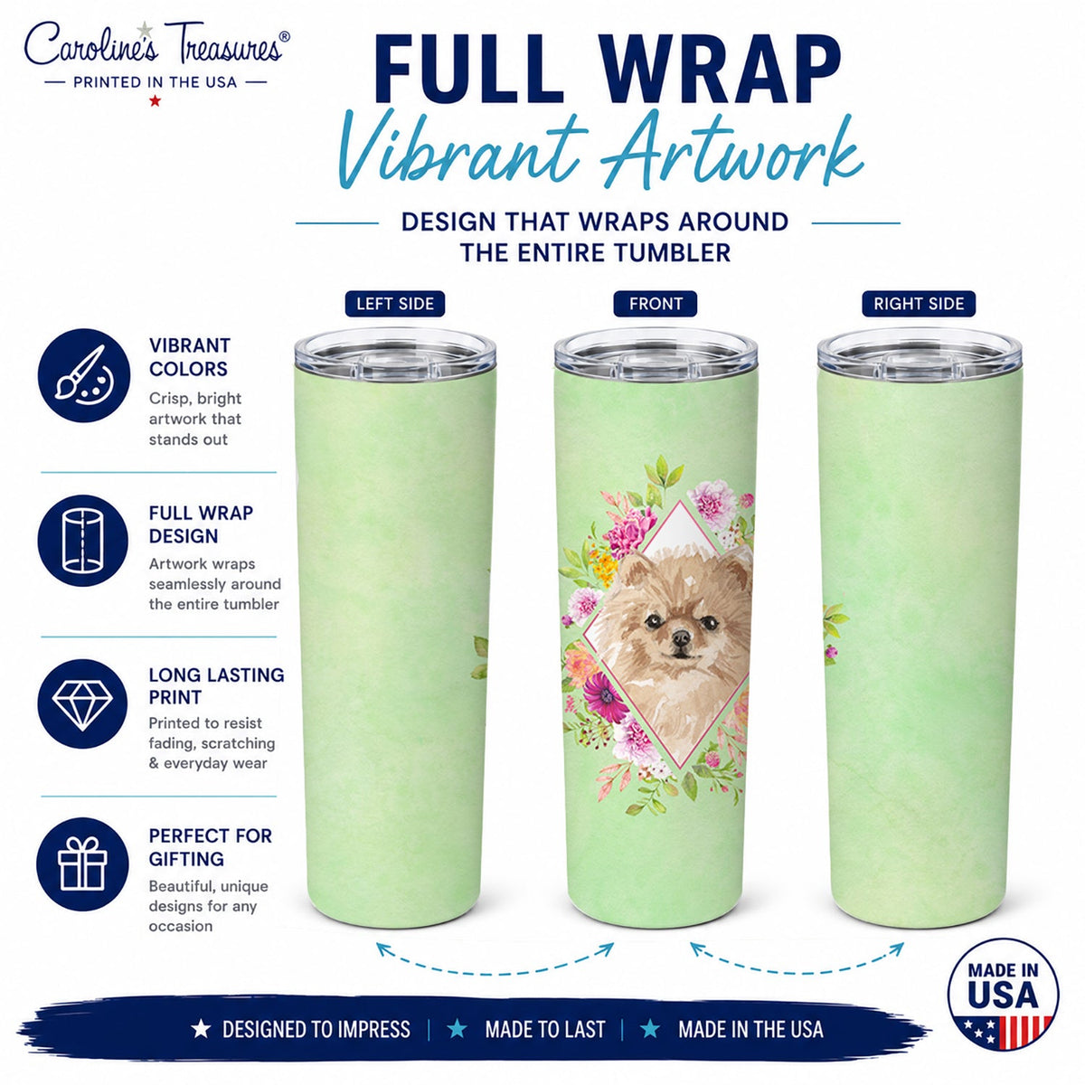 Pomeranian Green Flowers Stainless Steel Skinny Tumbler 20 oz Vacuum Double Walled Reusable Insulated Travel Cup
