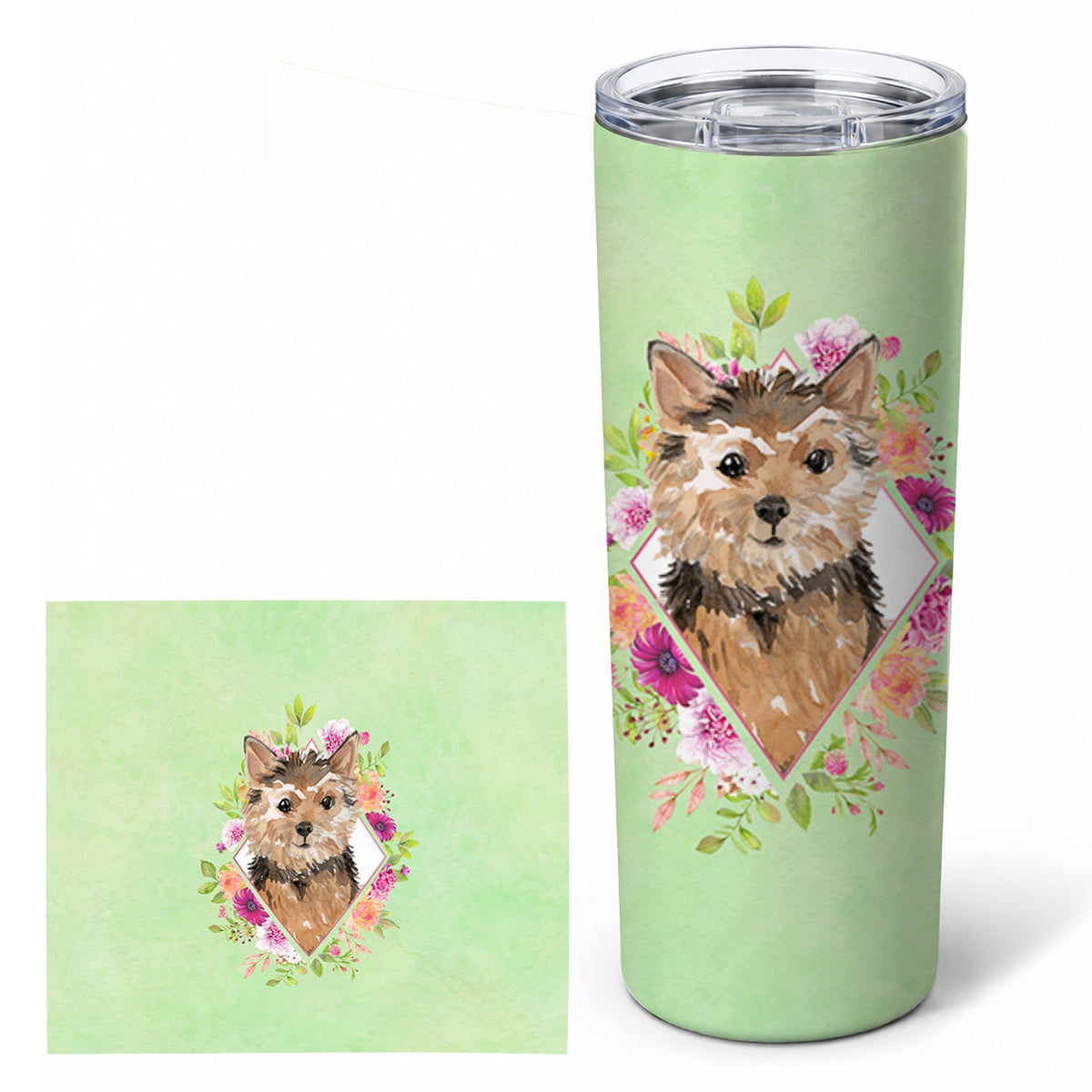 Norwich Terrier Green Flowers Stainless Steel Skinny Tumbler 20 oz Vacuum Double Walled Reusable Insulated Travel Cup
