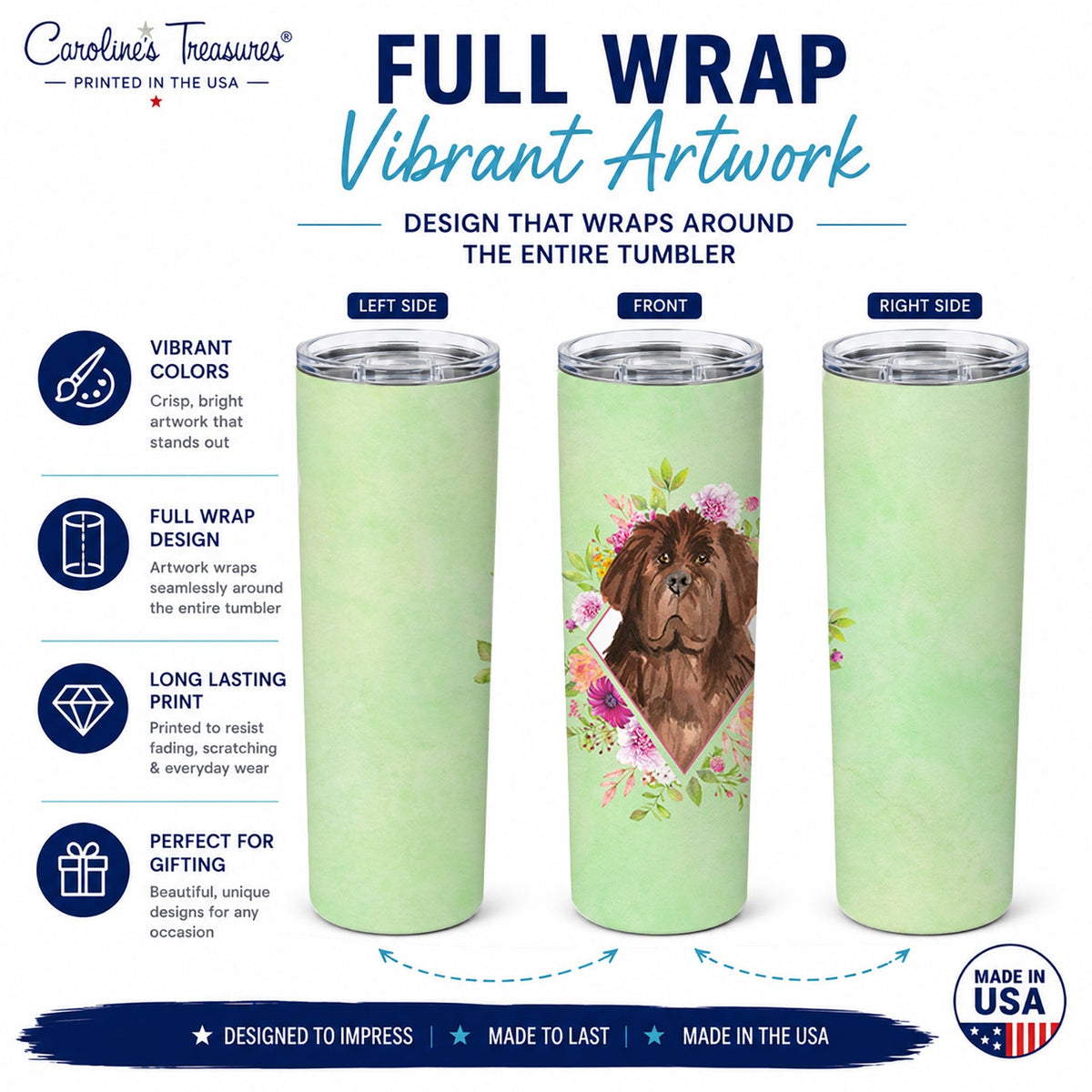 Newfoundland Green Flowers Stainless Steel Skinny Tumbler 20 oz Vacuum Double Walled Reusable Insulated Travel Cup
