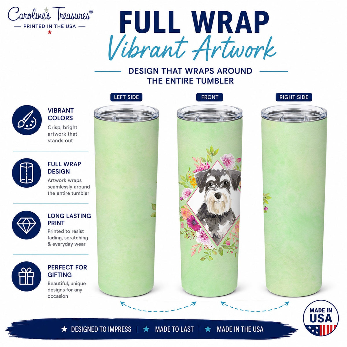 Schnauzer #2 Green Flowers Stainless Steel Skinny Tumbler 20 oz Vacuum Double Walled Reusable Insulated Travel Cup