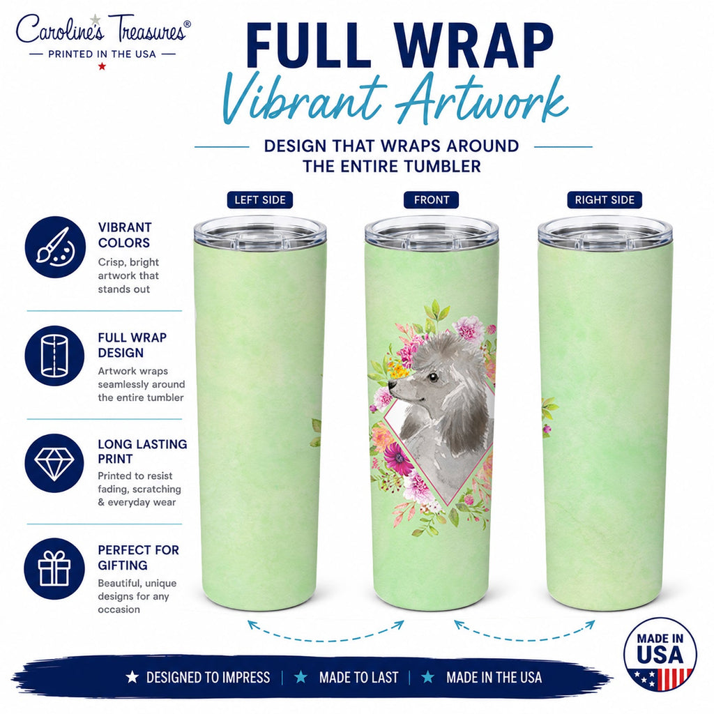 Grey Standard Poodle Green Flowers Stainless Steel Skinny Tumbler 20 oz Vacuum Double Walled Reusable Insulated Travel Cup
