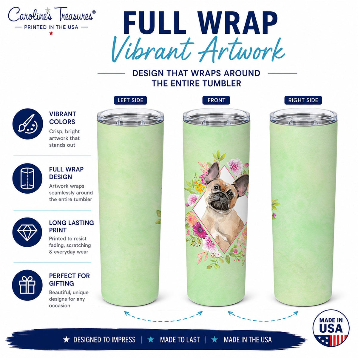 Fawn French Bulldog Green Flowers Stainless Steel Skinny Tumbler 20 oz Vacuum Double Walled Reusable Insulated Travel Cup