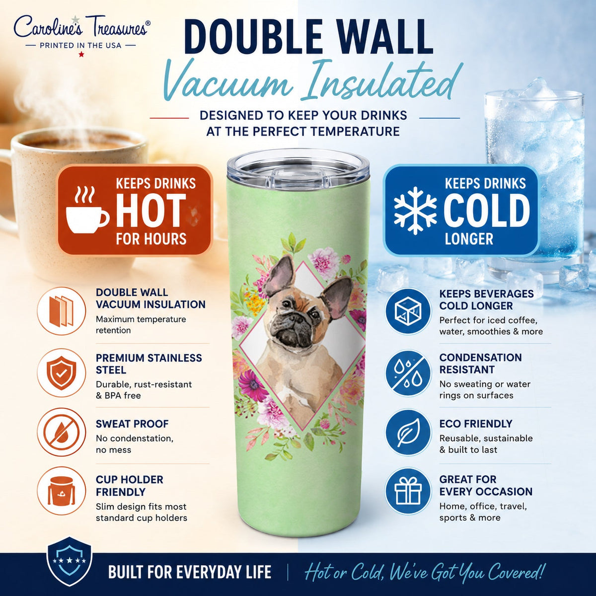 Fawn French Bulldog Green Flowers Stainless Steel Skinny Tumbler 20 oz Vacuum Double Walled Reusable Insulated Travel Cup