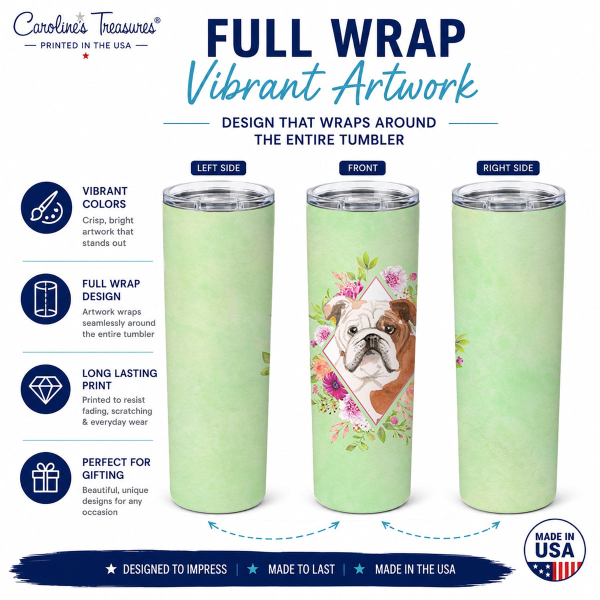 English Bulldog Green Flowers Stainless Steel Skinny Tumbler 20 oz Vacuum Double Walled Reusable Insulated Travel Cup