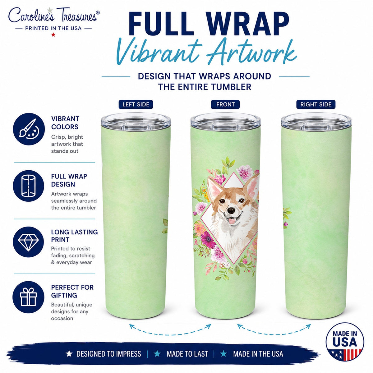 Corgi Green Flowers Stainless Steel Skinny Tumbler 20 oz Vacuum Double Walled Reusable Insulated Travel Cup