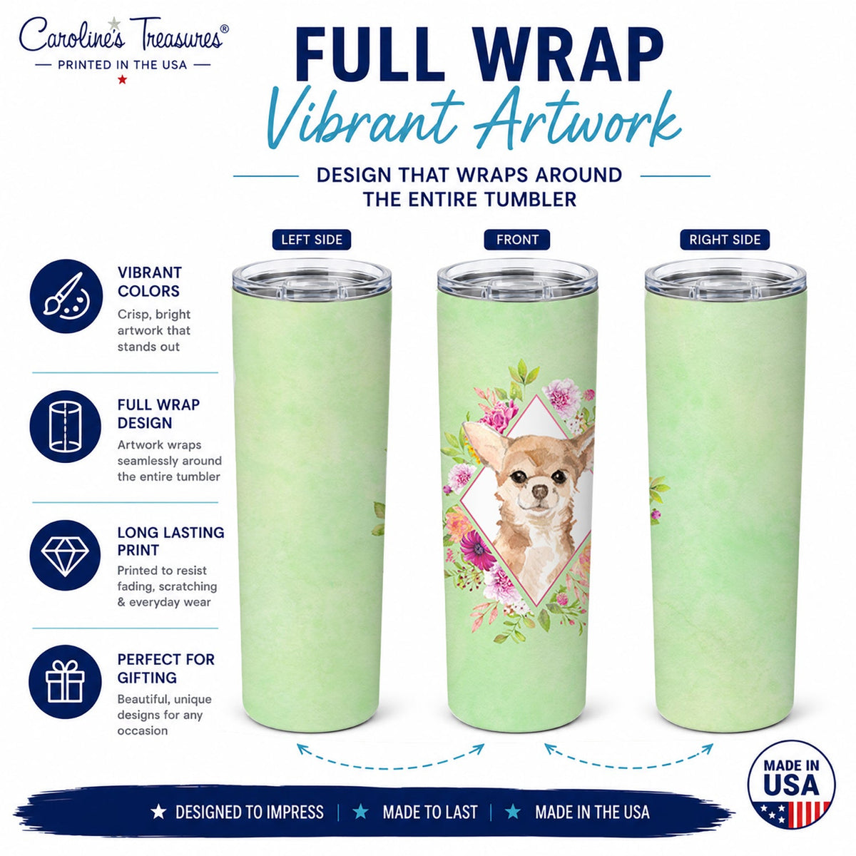 Chihuahua Green Flowers Stainless Steel Skinny Tumbler 20 oz Vacuum Double Walled Reusable Insulated Travel Cup