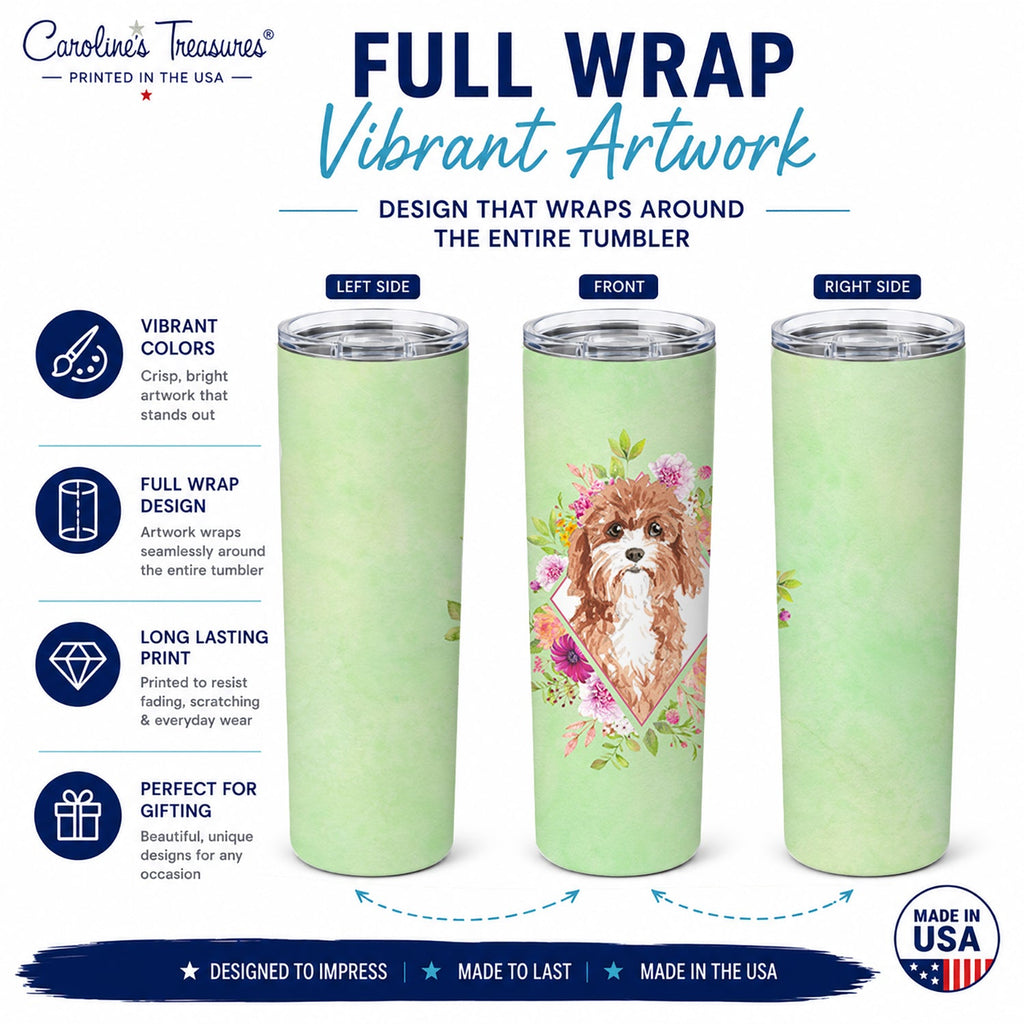 Cavapoo Green Flowers Stainless Steel Skinny Tumbler 20 oz Vacuum Double Walled Reusable Insulated Travel Cup