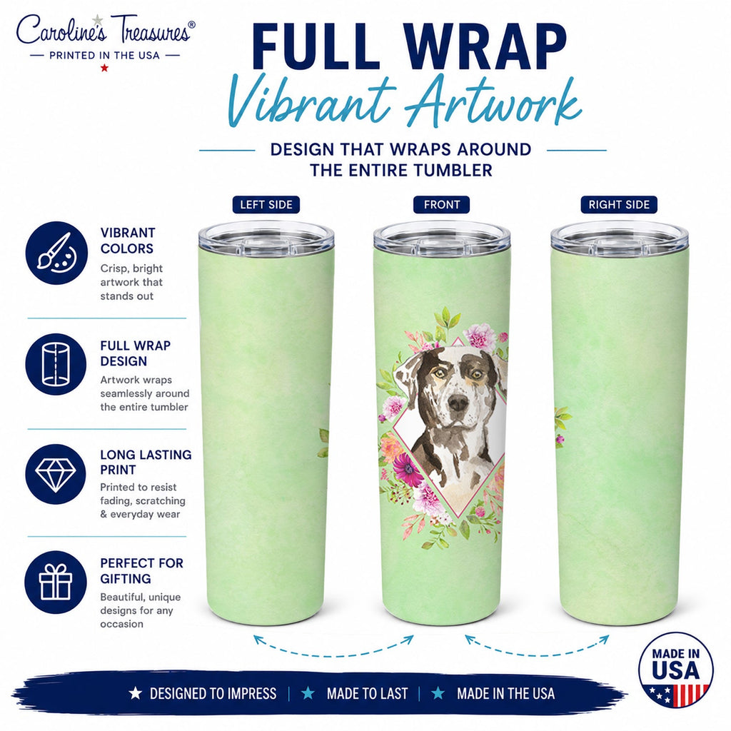 Catahoula Leopard Dog Green Flowers Stainless Steel Skinny Tumbler 20 oz Vacuum Double Walled Reusable Insulated Travel Cup