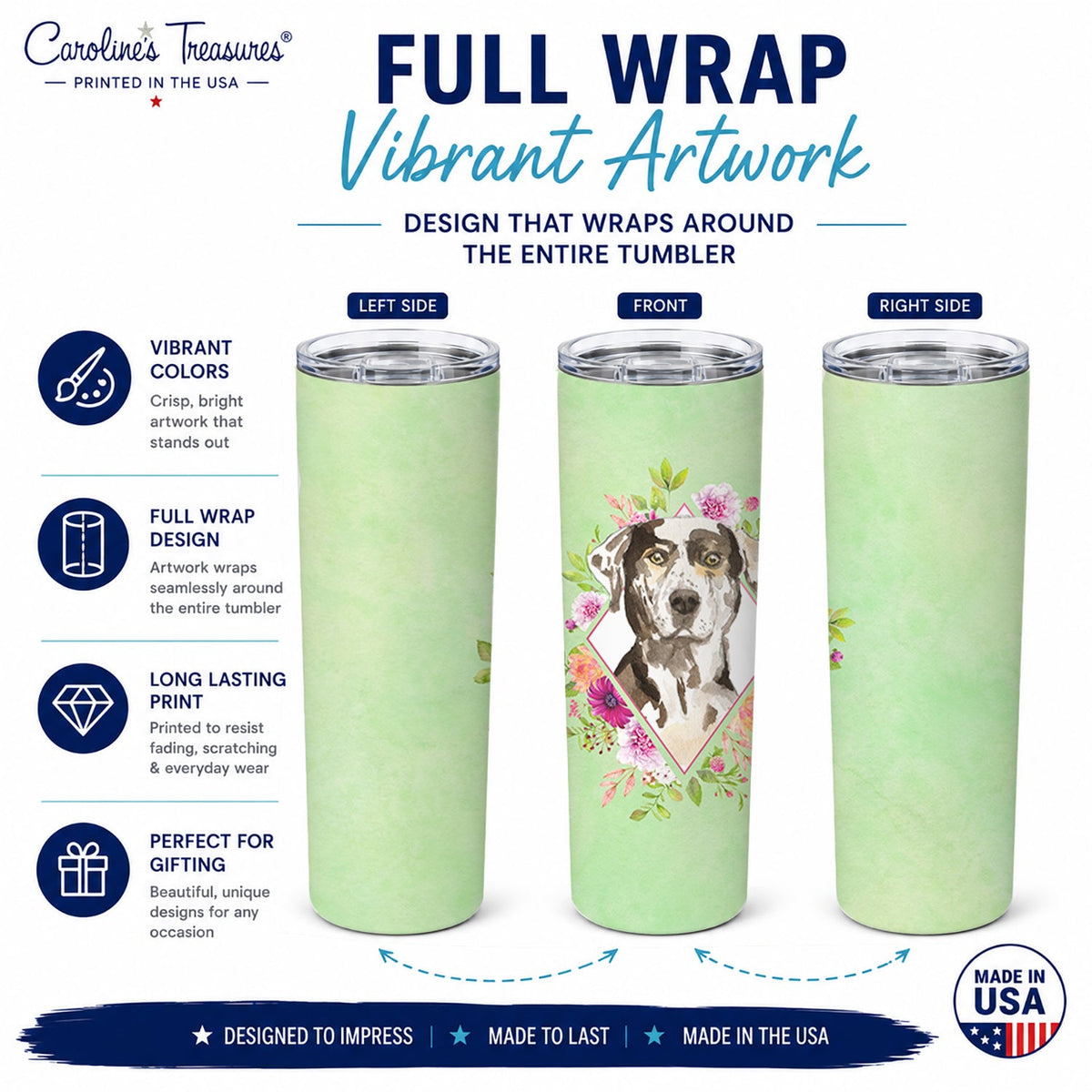Catahoula Leopard Dog Green Flowers Stainless Steel Skinny Tumbler 20 oz Vacuum Double Walled Reusable Insulated Travel Cup