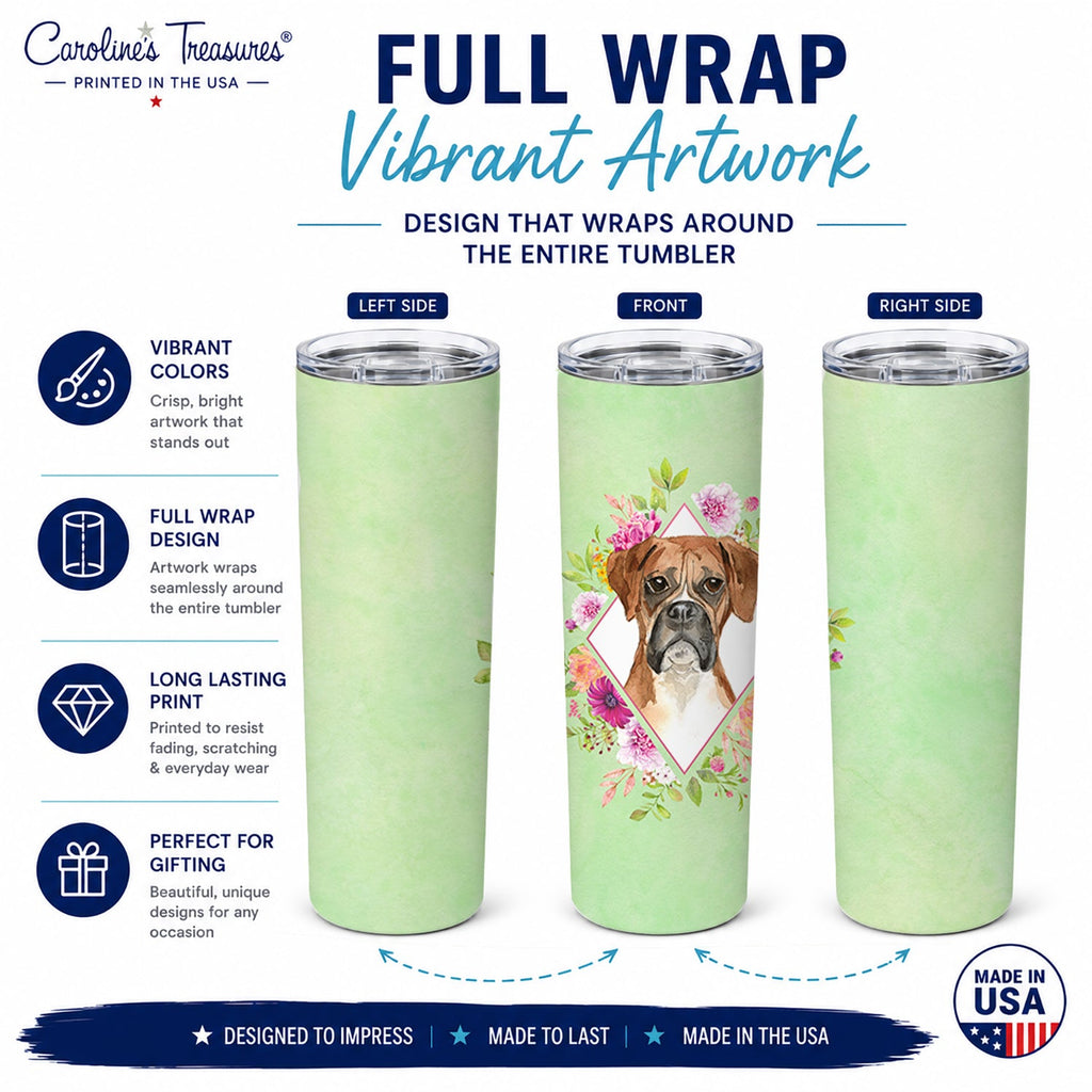 Boxer Green Flowers Stainless Steel Skinny Tumbler 20 oz Vacuum Double Walled Reusable Insulated Travel Cup
