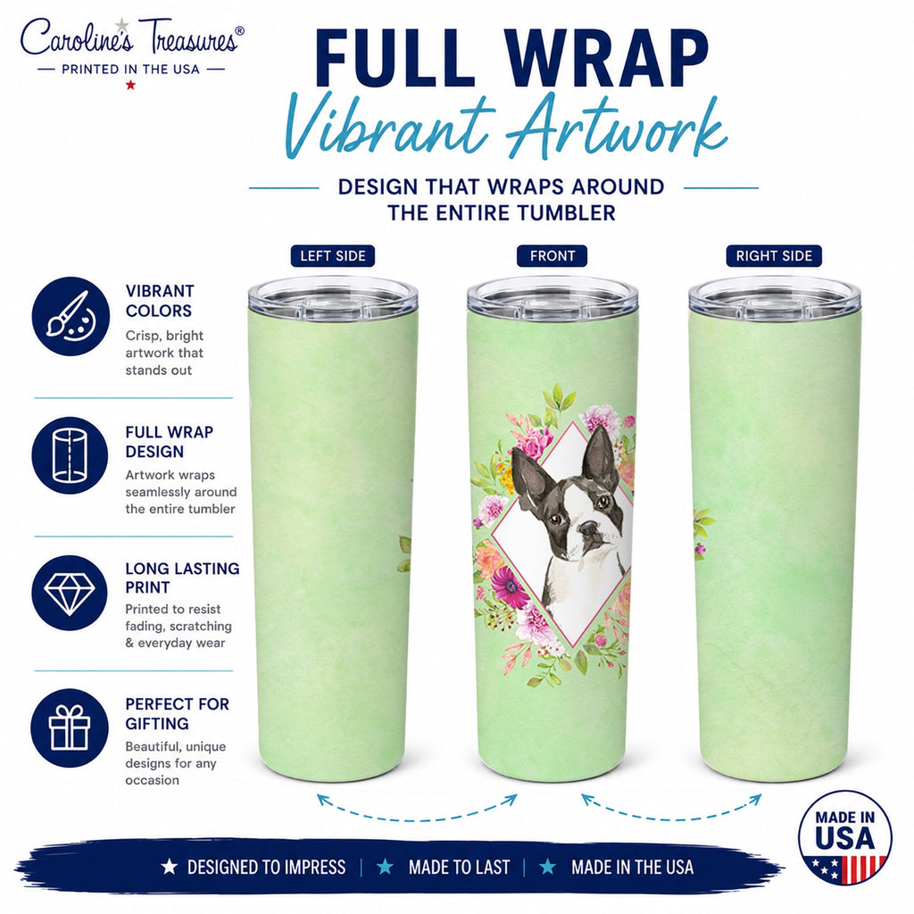Boston Terrier Green Flowers Stainless Steel Skinny Tumbler 20 oz Vacuum Double Walled Reusable Insulated Travel Cup