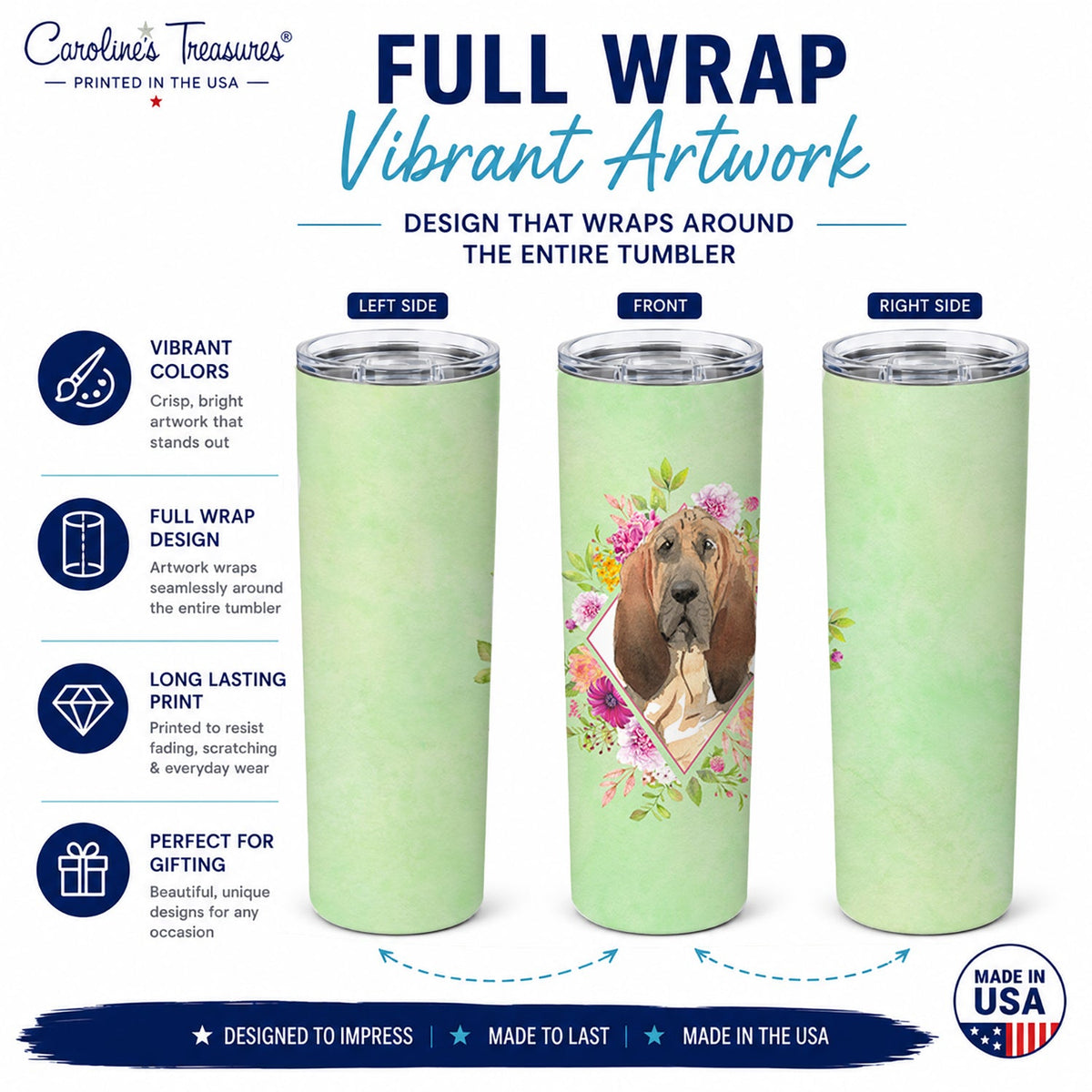 Bloodhound Green Flowers Stainless Steel Skinny Tumbler 20 oz Vacuum Double Walled Reusable Insulated Travel Cup
