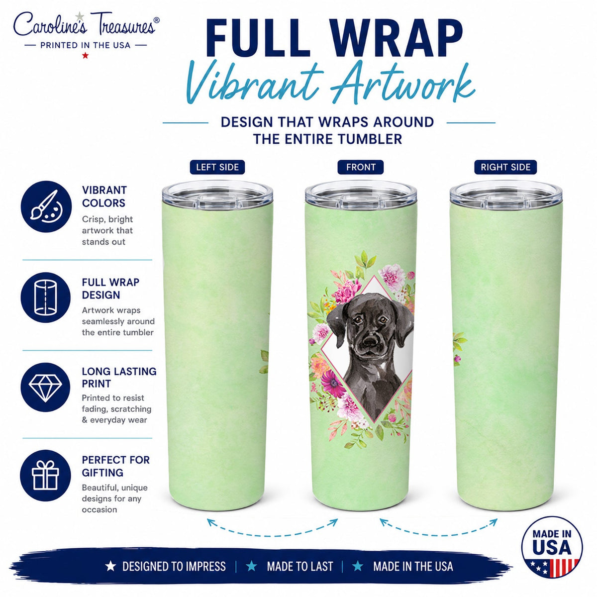 Black Labrador Green Flowers Stainless Steel Skinny Tumbler 20 oz Vacuum Double Walled Reusable Insulated Travel Cup