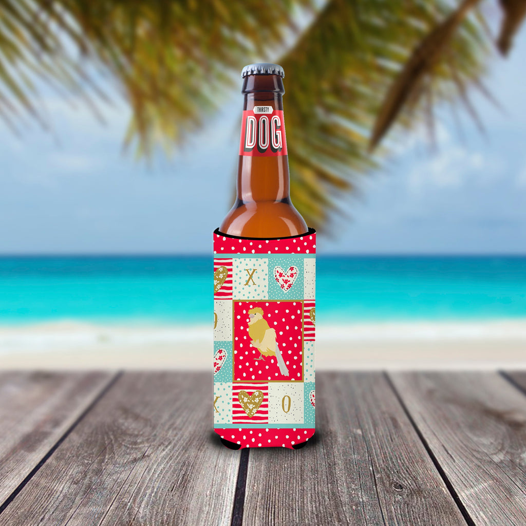 French Curly Canary Love Slim Can Hugger , Insulated Foam Hugger for 12 oz Slim Cans, Beer Bottles & Water Bottles, Printed in USA