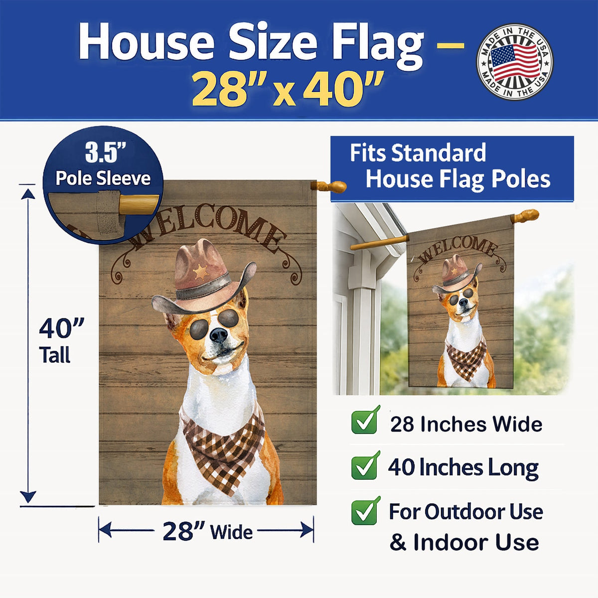 Basenji Country Dog House Flag 28x40 Porch Sleeve Pole Decorative Outside Yard Banner Artwork Wall Hanging, Polyester