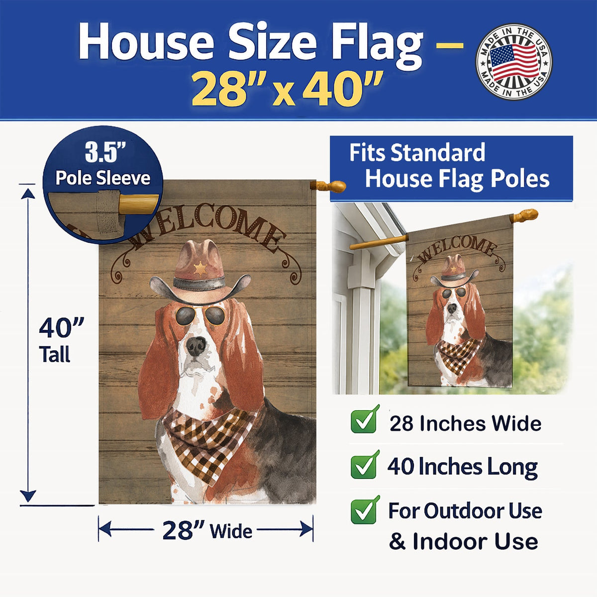 Basset Hound #2 Country Dog House Flag 28x40 Porch Sleeve Pole Decorative Outside Yard Banner Artwork Wall Hanging, Polyester