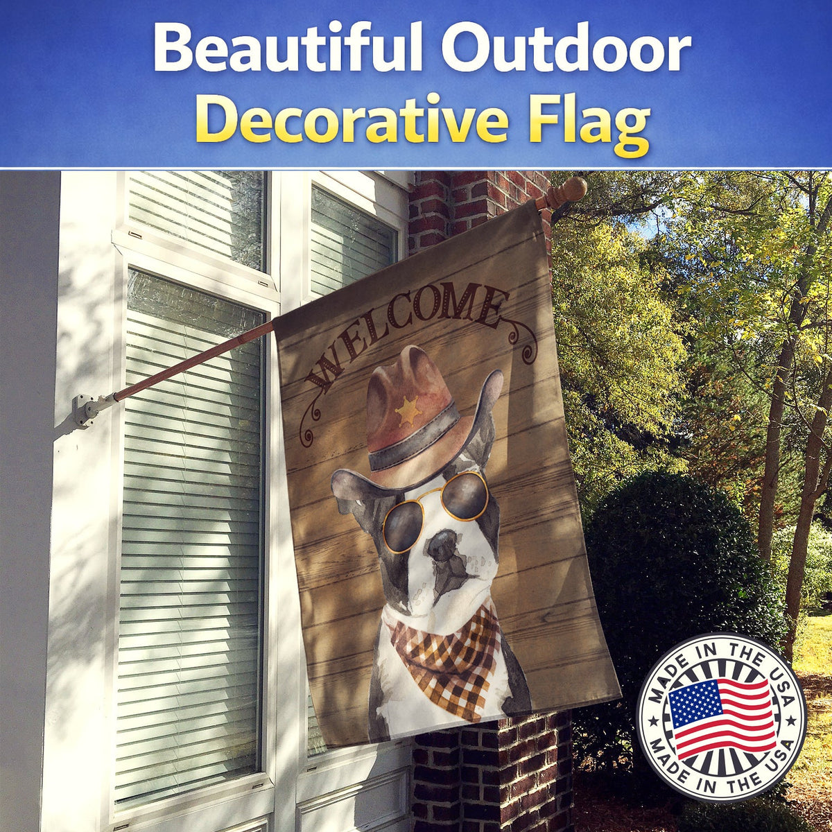 Boston Terrier Country Dog House Flag 28x40 Porch Sleeve Pole Decorative Outside Yard Banner Artwork Wall Hanging, Polyester