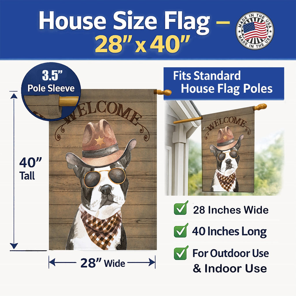 Boston Terrier Country Dog House Flag 28x40 Porch Sleeve Pole Decorative Outside Yard Banner Artwork Wall Hanging, Polyester