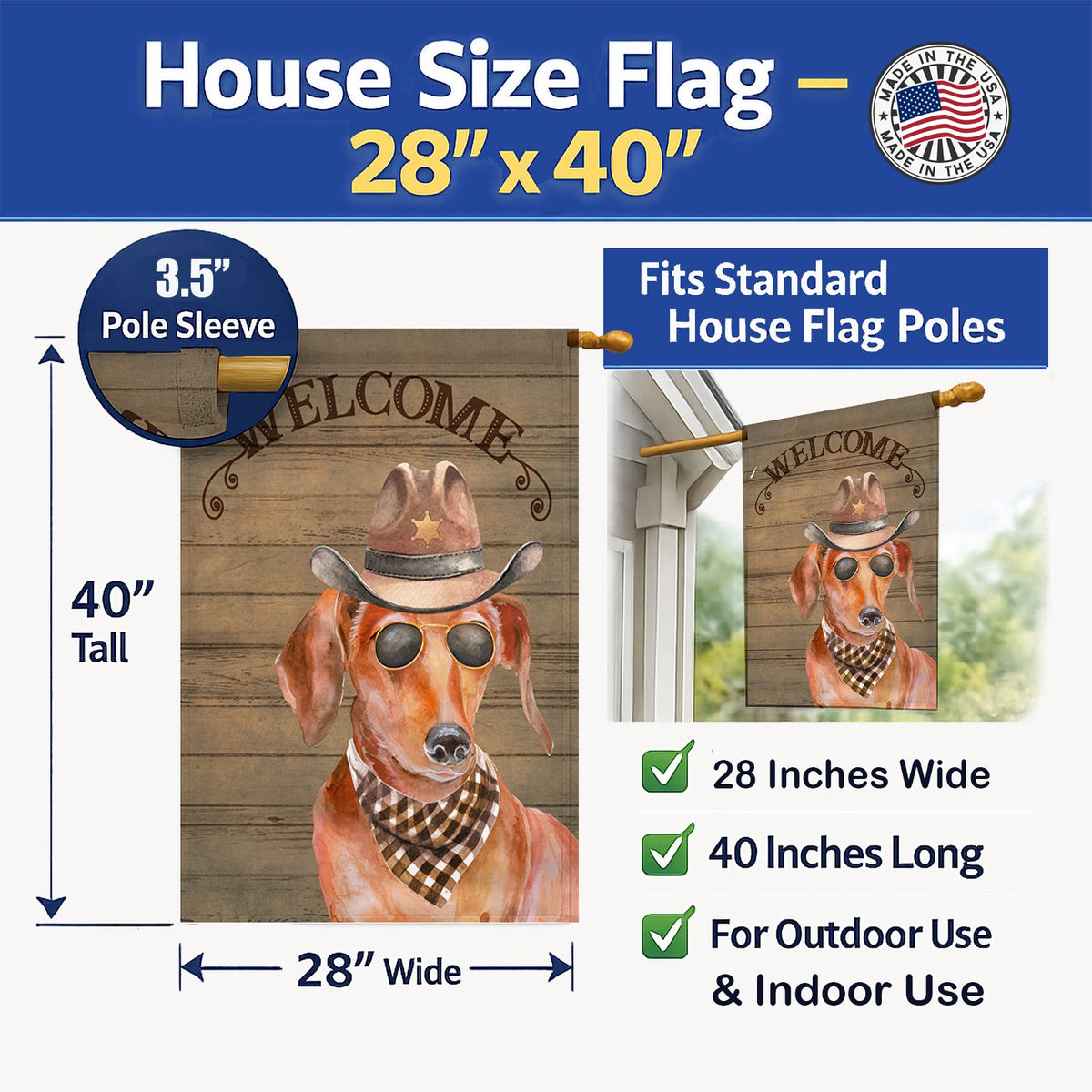 Dachshund Country Dog House Flag 28x40 Porch Sleeve Pole Decorative Outside Yard Banner Artwork Wall Hanging, Polyester