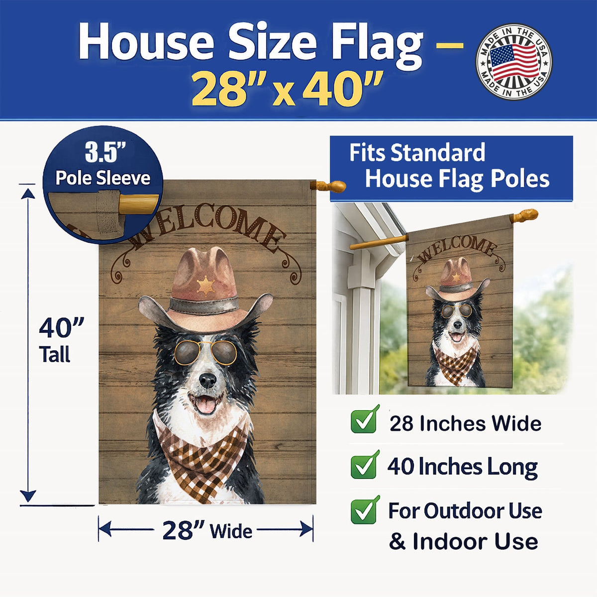 Border Collie Country Dog House Flag 28x40 Porch Sleeve Pole Decorative Outside Yard Banner Artwork Wall Hanging, Polyester
